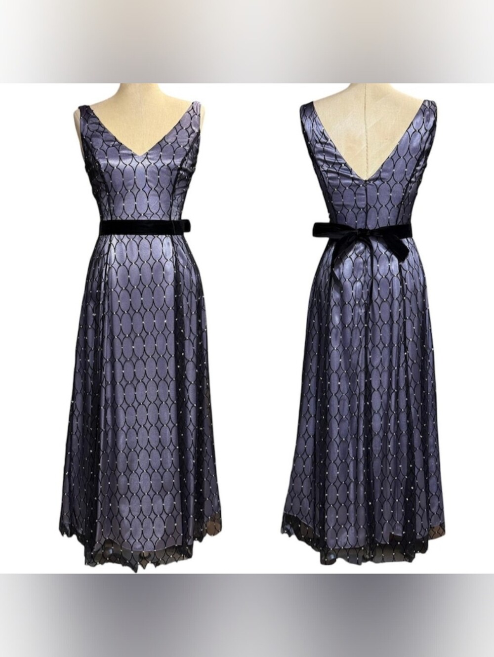 Vintage Papell Boutique Whimsygoth Purple Satin Mesh Rhinestone Midi Dress